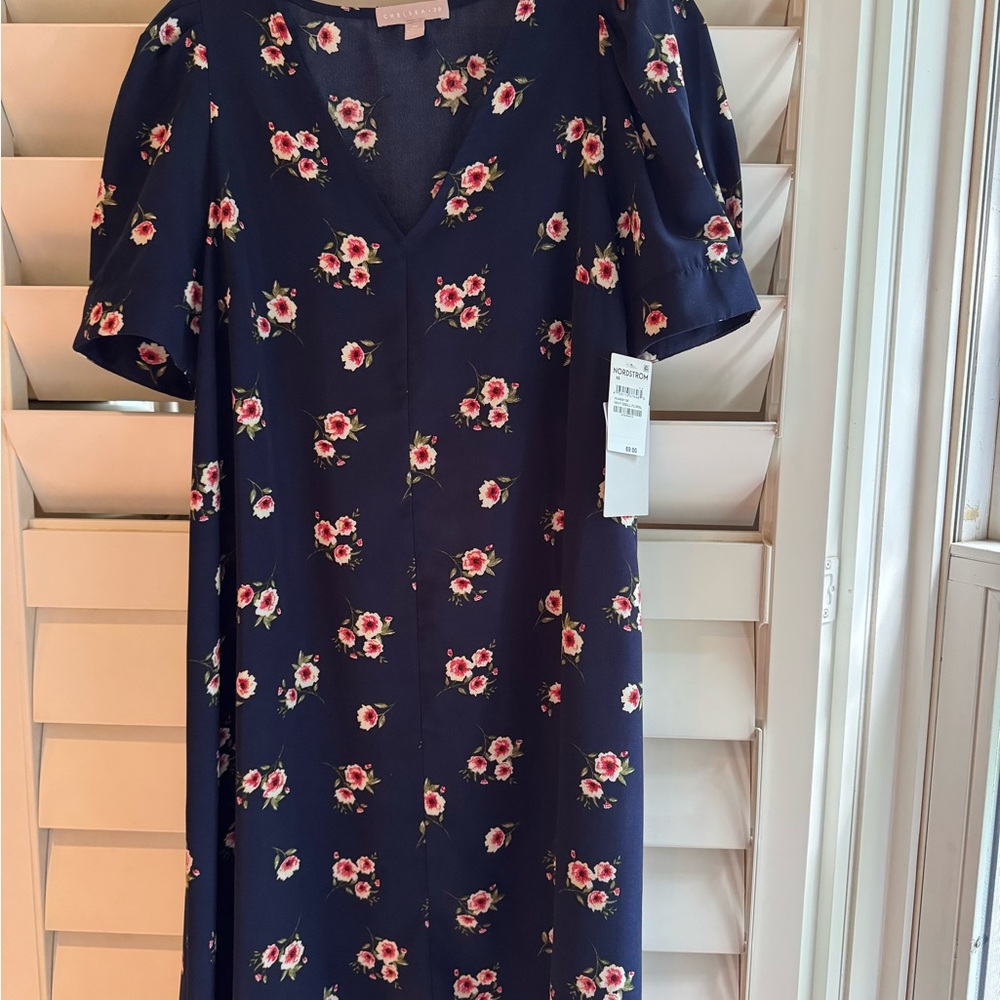 Chelsea28 Navy Dress with Pink Floral Design